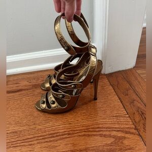 Manolo Blahnik Bronze Strappy Heels. Size 38.